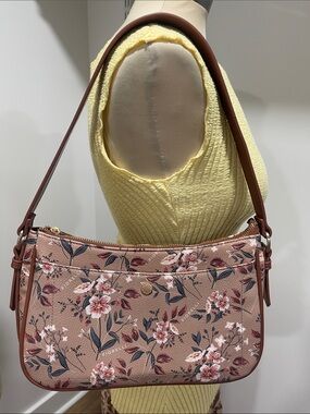 Floral Shoulder Bag in Blush Pink with Brown Trim